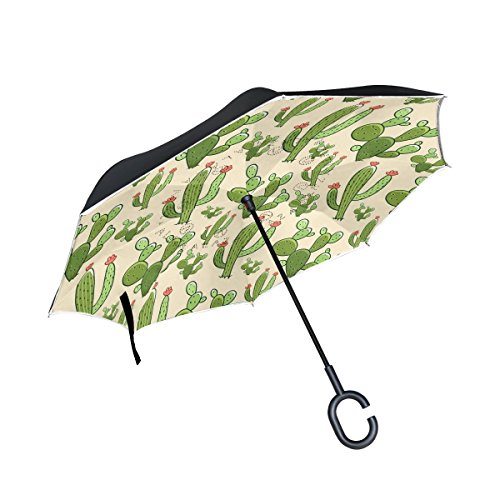 MNSRUU Regenschirm, mit Kaktus-Muster, doppelschichtiger C-förmiger Griff, winddichter UV-Schutz und selbststehender umgekehrter Regenschirm von Mnsruu