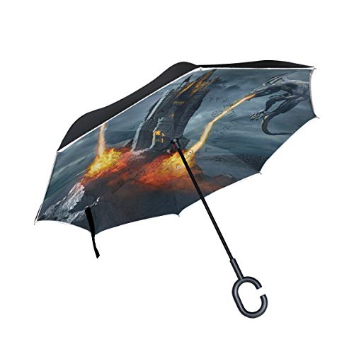 Mnsruu Umgekehrter Regenschirm, Drachenmuster, doppellagig, faltbar, winddicht, Anti-UV, winddicht, Reiseschirm für Damen und Herren von Mnsruu