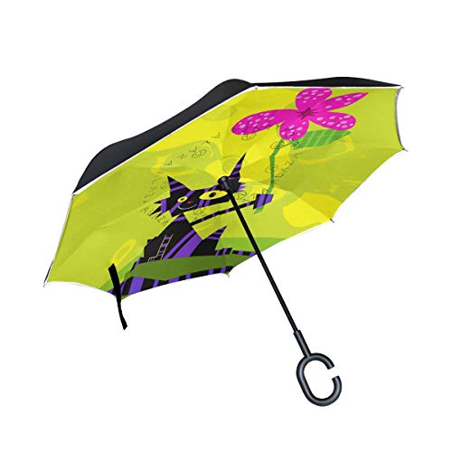 Mnsruu Doppelschichtiger umgekehrter Regenschirm, Katze mit rosa Blume, Anti-UV, wasserdicht, winddicht, umgekehrter Regenschirm für Auto, Regen, Außenbereich, mehrfarbig, Einheitsgröße, Modern von Mnsruu