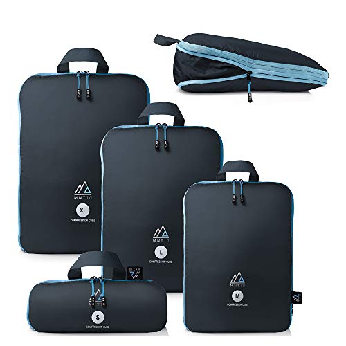 MNT10 Packtaschen mit Kompression S, M, L, XL I Blau I Packwürfel mit Schlaufe als Koffer-Organizer I leichte Kompressionsbeutel für den Rucksack (1x 4er Set) von MNT10