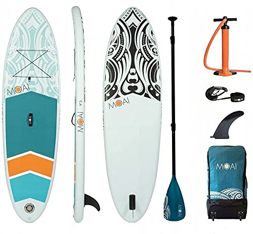 MOAI 9'5" SUP Stand Up Paddle Board – Premium-Paket inklusive Fiberglass Paddel, Tasche, Pumpe und Flosse Aufblasbar Sup Board von MOAI