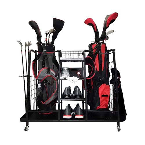 Mob Golf Golfständer-Organizer, extra groß, doppelt, schwarzes Metall, einfache Montage, Aufbewahrungsregal für Männer und Frauen, Golftaschen, Schläger, Bälle und Zubehör von MOB golf