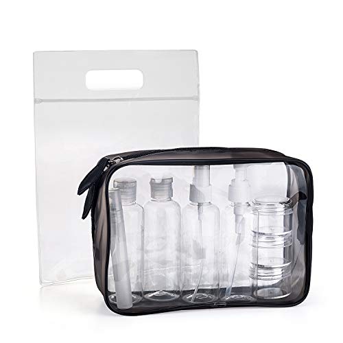 MOCOCITO Kulturbeutel durchsichtig und 8 Stück Reiseflasche Set (max.100ml) und Plastikbeutel zugelassen (20x20cm) nach EU&UK Handgepäckbestimmungen|Kulturtasche für Flüssigkeiten von MOCOCITO