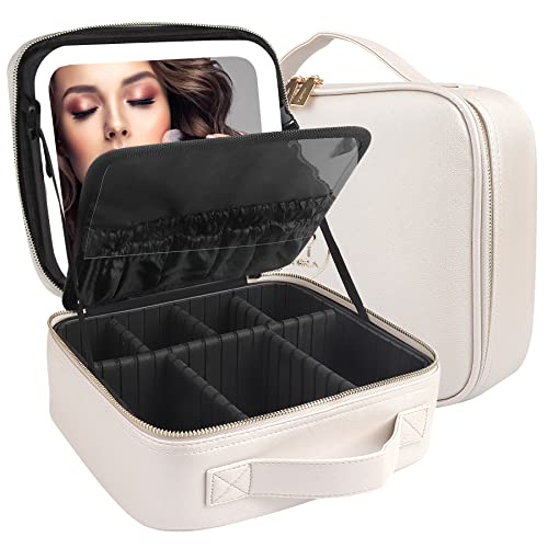 MOMIRA Reise-Make-up-Tasche Kosmetiktasche mit beleuchtetem Spiegel, Einstellbarer Helligkeit in 3 Farbszenarien, wasserdichte Makeup-Trainingsbox, Geschenk für Frauen - Khaki von MOMIRA