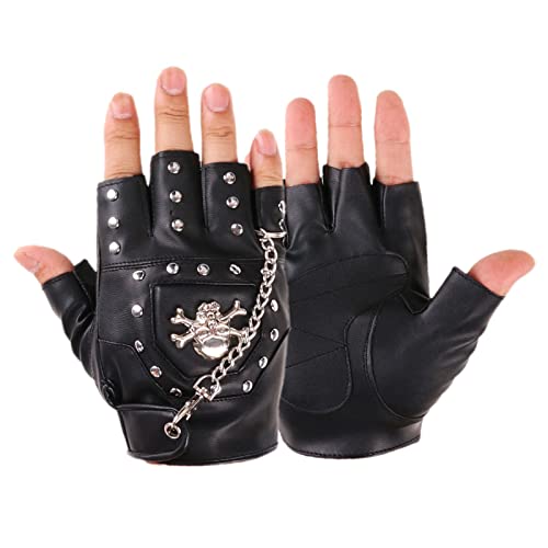 MONOJLY Halbfinger Punk Nieten PU Leder Handschuhe Schwarz Biker Handschuhe mit Metallkette für Motorräder Fingerlose Tanzhandschuhe von MONOJLY