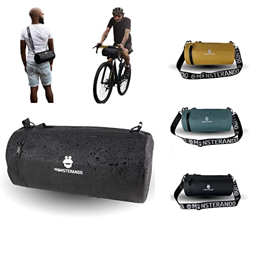 MONSTERANDO Fahrrad lenkertasche und Schultertasche Travel-Monster Nachhaltig Recyceltem PET-Wasserdich Athleisure Gym Sporttasche mit Crossbody Gurt, Fahrradtasche für MTB 5L schwarz von MONSTERANDO