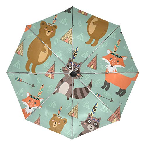 MONTOJ Fantasio Reise-Regenschirm, Tiere, Bär, Fuchs und Waschbär, leicht zu öffnen von MONTOJ