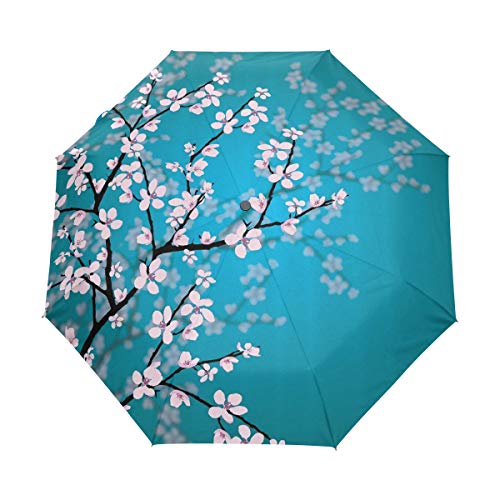 MONTOJ Japanische Sakura-Blumen, Kirschblüte, dreifach gefalteter Reise-Regenschirm, UV-Schutz, mit automatischem Öffnen-Knopf von MONTOJ
