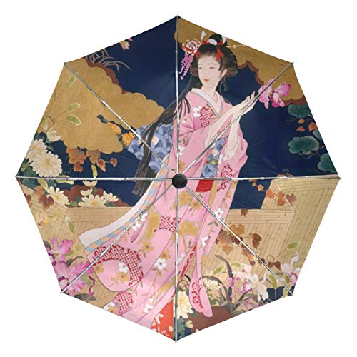 MONTOJ Regenschirm, japanische Geisha Mädchen, Sonne und Regen, für Reisen, UV-Schutz mit automatischer Öffnung von MONTOJ