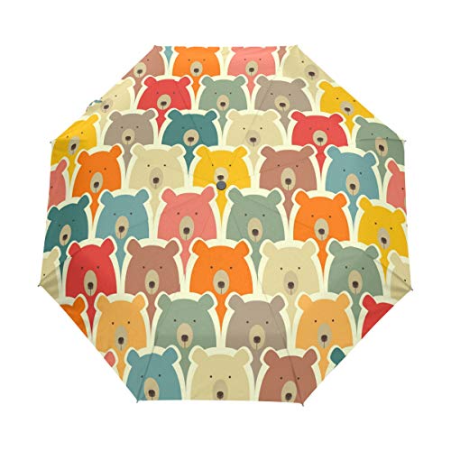 MONTOJ Regenschirm mit Bären-Muster, dreifach faltbar, für Sonne und Regen, UV-Schutz, mit automatischem Öffnen-Knopf von MONTOJ