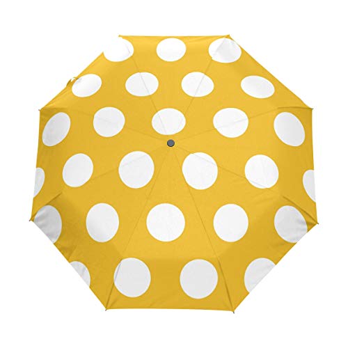 MONTOJ Regenschirm mit weißen Punkten, gelbem Hintergrund, dreifach gefaltet, UV-Schutz, mit automatischem Öffnender Knopf von MONTOJ