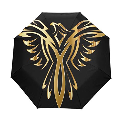 MONTOJ Toller goldener Phoenix-Vogel, dreifach gefalteter Reise-Regenschirm, UV-Schutz, mit automatischem Öffnen-Knopf von MONTOJ
