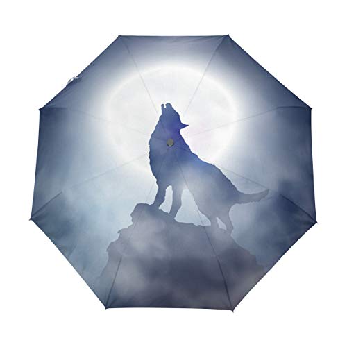 MONTOJ Wolf Under The Full Moon 3-Fach Faltbarer Regenschirm, UV-Schutz mit automatischer Öffnung von MONTOJ