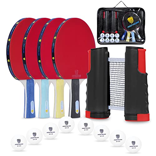 MOOTHLION Ping Pong Paddel Set, Tragbare Tischtennispaddel, mit einziehbarem Netz, 4 Tischtennisschläger, 8 Bälle, Indoor und Outdoor Spielzubehör Kit, Kompakte Aufbewahrungsbox von MOOTHLION