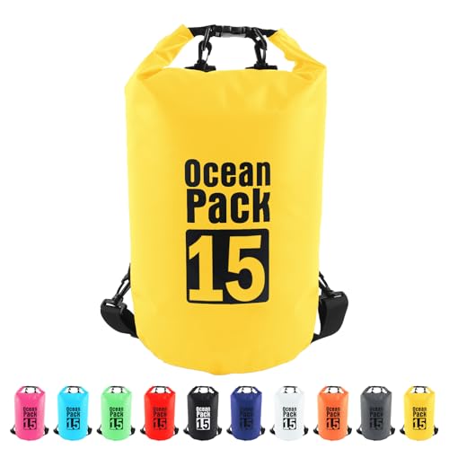 MORAINJAY Gelbe 15-Liter-Boots-Trockentaschen, wasserdichte Tasche mit langem, verstellbarem Schultergurt, perfekt zum Angeln/Rafting/Schwimmen von MORAINJAY