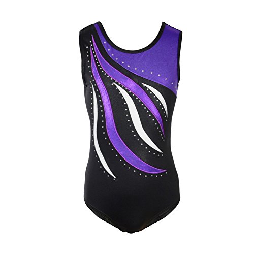 Moresave Mädchen Gymnastikanzug, kurzärmlig, Regenbogen-Streifen, glitzernd, Tanz-Bodysuit 10 Jahre violett von MORESAVE