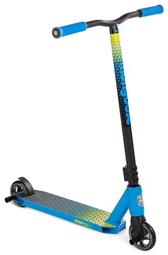 Mongoose Rise 100 Elite Freestyle-Stunt-Roller für Jugendliche und Erwachsene, stoßfeste 110-mm-Räder, Griffe im Fahrradstil, Deck aus Leichtmetall, Blau/Gelb von Mongoose