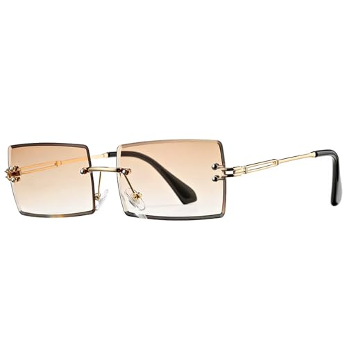 MPOWRX Randlose rechteckige Sonnenbrille für Damen Rahmenlose quadratische Sonnenbrille für Herren UV400 Brille -C3 Tea-As Bild von MPOWRX