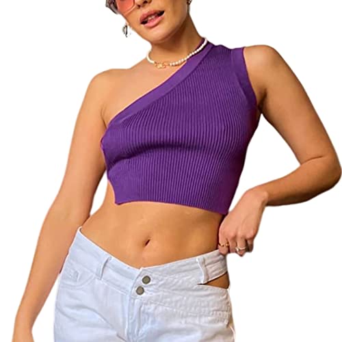 MQSHUHENMY One Shoulder Backless Top, One Shoulder Tops for Women Y2k One Shoulder Backless Knitted Crop Top Sexy Sleeveless (Purple,L) von MQSHUHENMY
