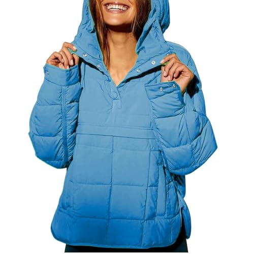 MQSHUHENMY Women's Quilted Pullover Puffer Jacket Womens Oversized Long Sleeve Hooded Coats Warm Winter Jackets for Women (Blue,M) von MQSHUHENMY