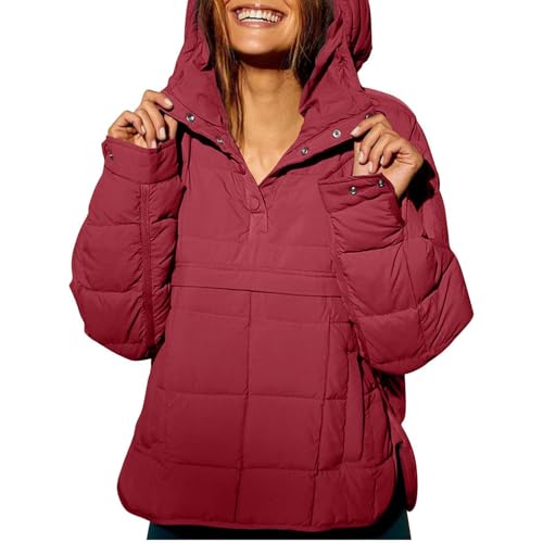 MQSHUHENMY Women's Quilted Pullover Puffer Jacket Womens Oversized Long Sleeve Hooded Coats Warm Winter Jackets for Women (Wine Red,S) von MQSHUHENMY