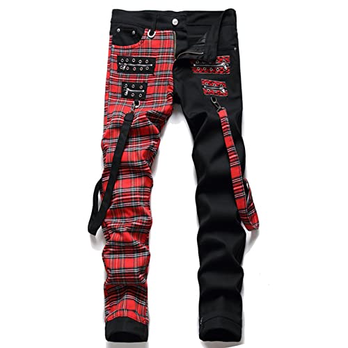 Männer Punk Jeans Trendy Schottland Plaid Denim Hosen Streetwear Niet Patchwork Verstärktes Dünne Gerade Hosen,Black red,30 von MRLION