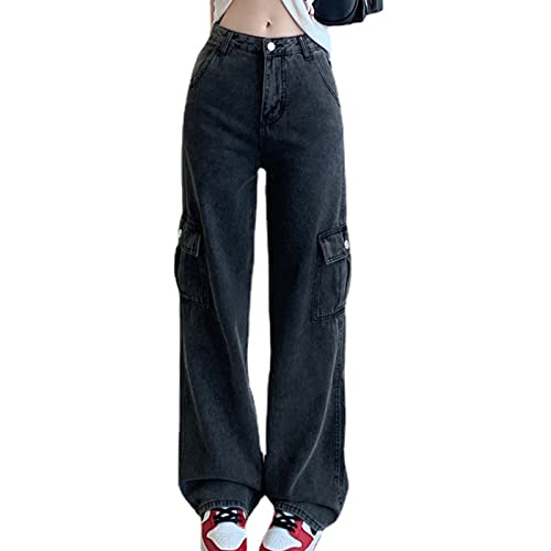 Women's Jeans Trousers with High Waist E-Girl Streetwear Trousers Casual Baggy Vintage Flare Denim Trousers Casual Loose Straight Trousers,Schwarz,S von MRLION