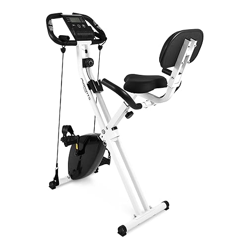 Fitness X-Bike Premium + Widerstandsbändern | Fahrradtrainer, Heimtrainer klappbar mit Rückenlehne, LCD-Display und Herzfrequenzsensor (Weiß) von MSPORTS