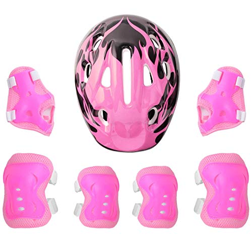 MSemis 7 Stück Kinder Knieschoner Set Kinderhelm mit Schutzausrüstung Schonerset Protektoren Helm für Skateboard Fahrrad Skate Rollschuh Kopfumfang Rosa B One Size von MSemis