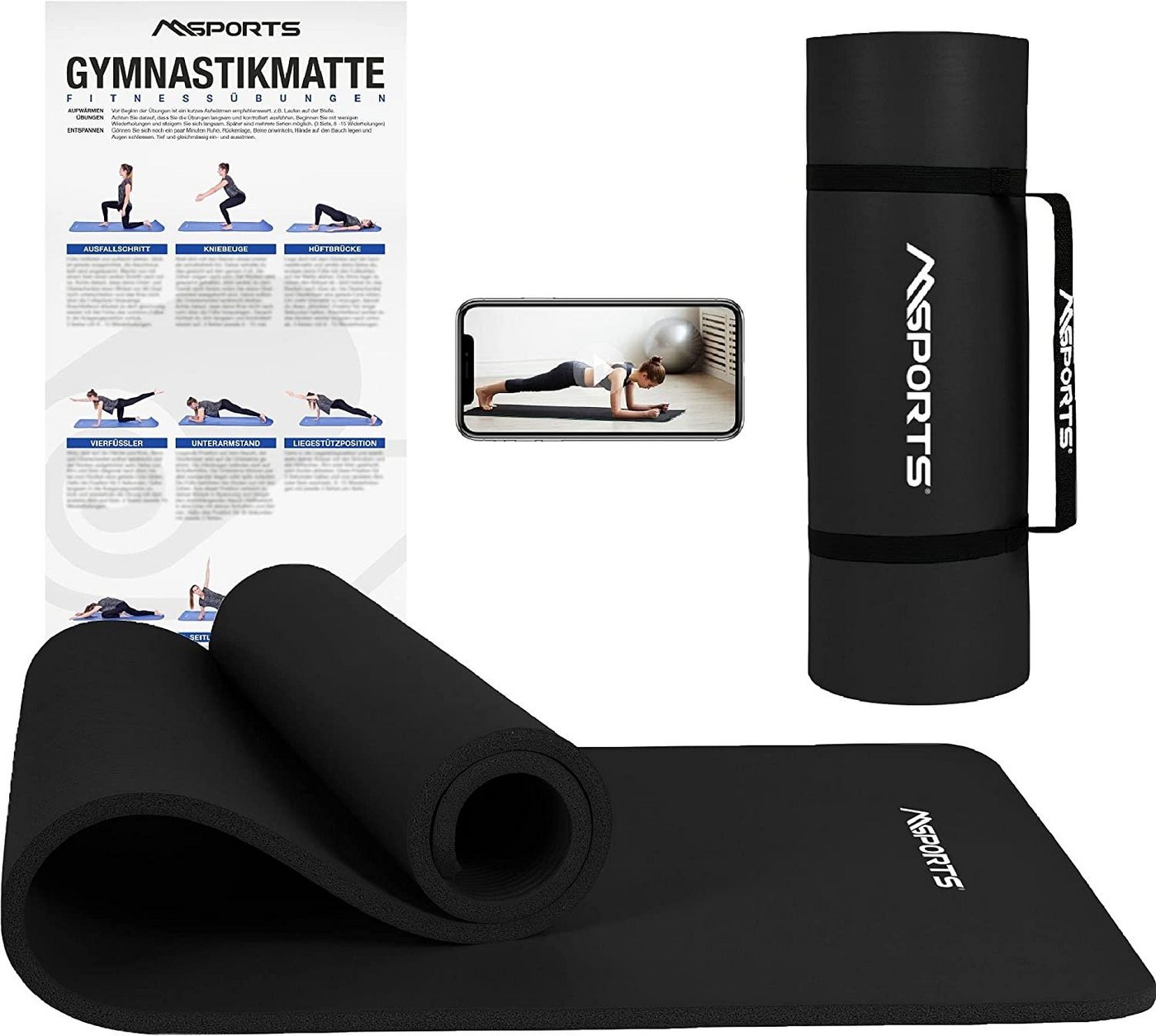 MSports® Gymnastikmatte Yogamatte rutschfest inkl. Tragegurt + Poster + Workout App von MSports®