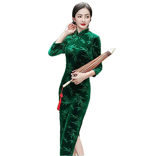 MTCDBD Damen Cheongsam/M-5Xl Stehkragen Seitenschlitz Kreatives Druckmuster/Chinesisches Retro-Cheongsam-Kleid Traditionelles Langes Cheongsam-Herbst- Und Winter-Bühnenkostüm In Übergröße,Grün,X von MTCDBD