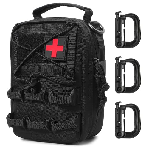 MUCHER Molle Erste Hilfe Tasche Militär Kompakt Gürteltasche EDC Utility Multifunktional Bauchtasche First Aid Gürtel Bag mit 3 Haken für Outdoor Wandern Jagdcamping Training (Schwarz) von MUCHER