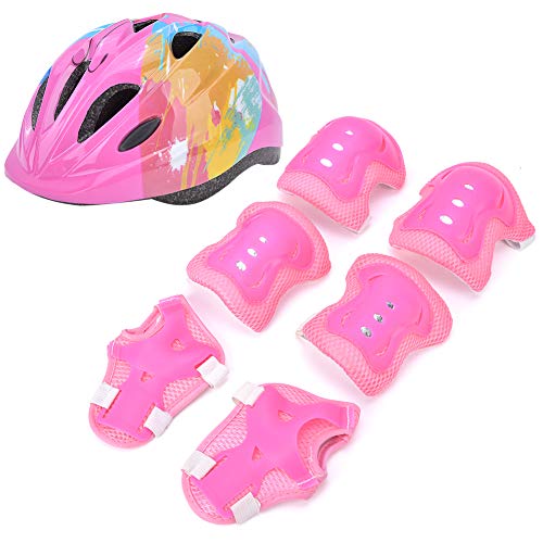 MUNEFE Helm-Knieschützer, Ellenbogenschützer, Schutzausrüstung, Skateboard-Fahrrad-Sicherheitsset, Sportschutzausrüstung Für Rollschuh-Fahrrad(Pinke Blumen) von MUNEFE