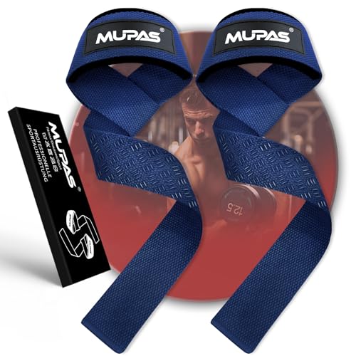 MUPAS Zughilfen für Krafttraining & Bodybuilding (gepolstert) – Profi Lifting Straps 58.5cm Länge–Rutschfestes Silikon– Gym Straps für Fitness,Kreuzheben,Weightlifting (Navy Blau) von MUPAS