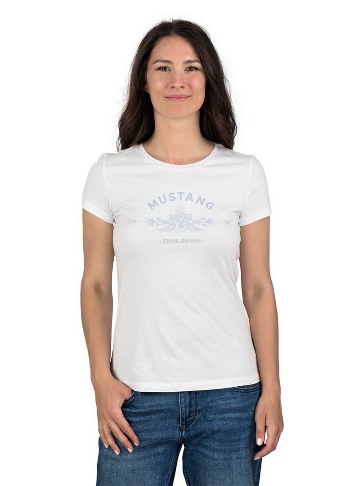 MUSTANG T-Shirt Damen Logo Printshirt Alexia C Logo Slim Fit (1-tlg) Basic Kurzarm Tee Shirt mit Rundhalsausschnitt aus 100% Baumwolle von MUSTANG