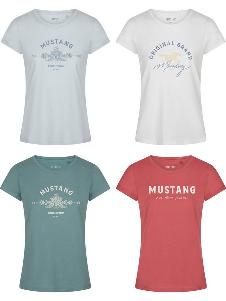 MUSTANG T-Shirt Damen Logo Printshirt Alexia C Logo Slim Fit (4-tlg) Basic Kurzarm Tee Shirt mit Rundhalsausschnitt aus 100% Baumwolle von MUSTANG