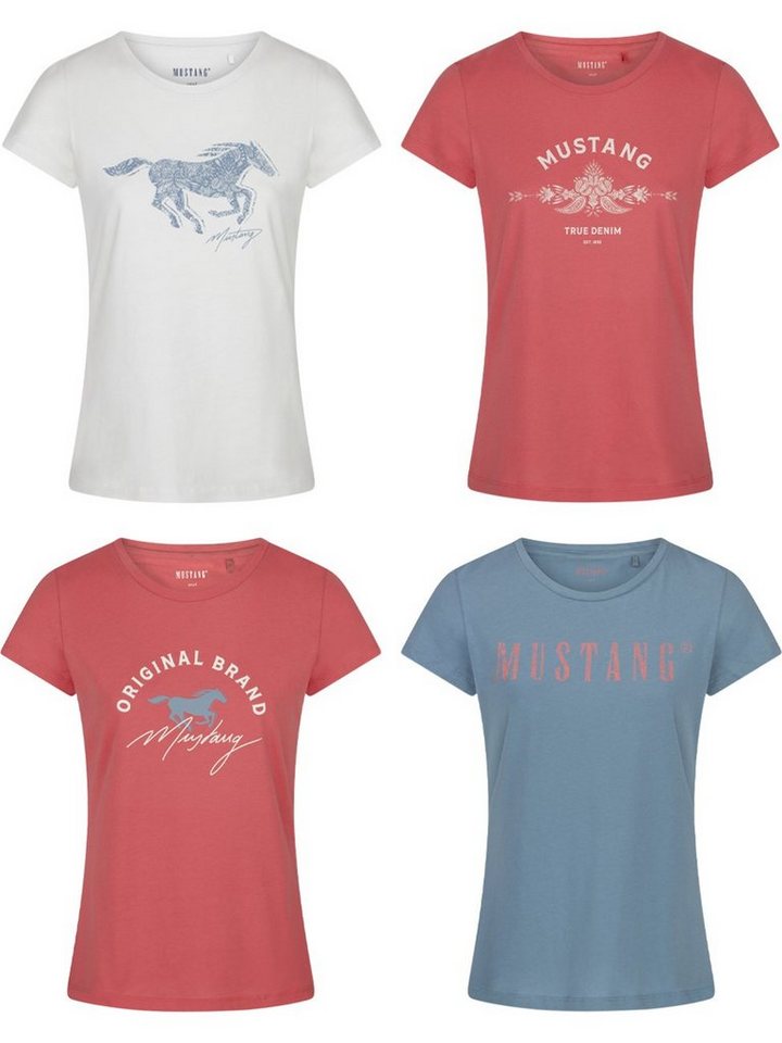 MUSTANG T-Shirt Damen Logo Printshirt Alexia C Logo Slim Fit (4-tlg) Basic Kurzarm Tee Shirt mit Rundhalsausschnitt aus 100% Baumwolle von MUSTANG