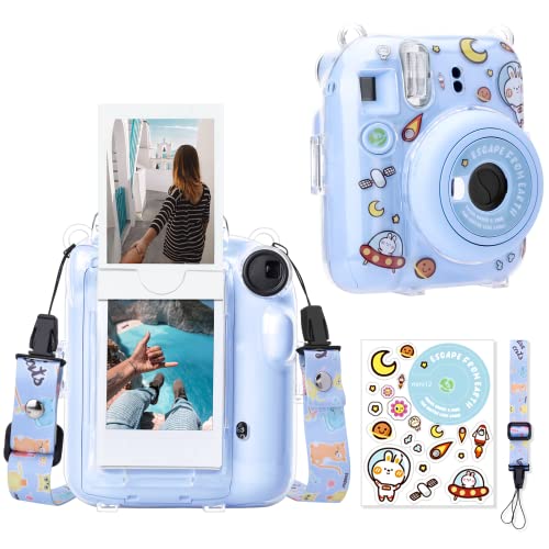 MUZIRI KINOKOO Tasche für Instax Mini 12/Polaroid Mini 12 Sofortbildkamera, Hart PVC Schutzhülle mit Fotos Tasche zum Speichern von 10 Fotos oder mit Schultergurt für Kamera Aufkleber und Blau von MUZIRI KINOKOO
