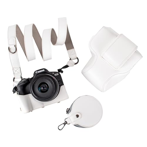 MUZIRI KINOKOO EOS R50 Kameratasche, Retro-PU-Leder Schutzhülle für Canon EOS 50 DSLR Kamera – EOS R50 Hülle mit Öffnung unten und Schultergurt und Aufbewahrungstasche - Weiß von MUZIRI KINOKOO