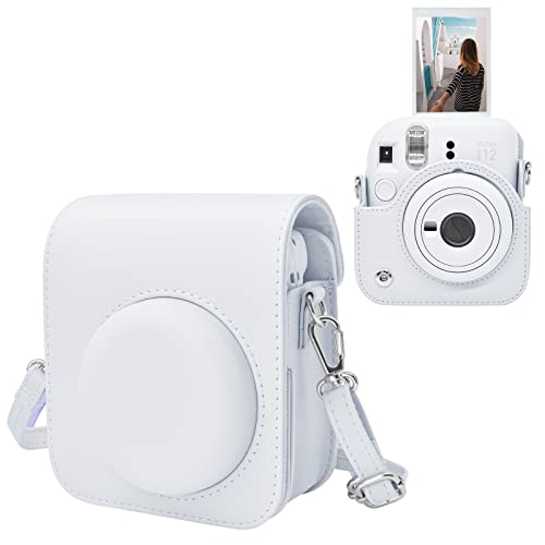 MUZIRI KINOKOO Tasche für Instax Mini 12 Cámara Instantánea, PU Leder Polaroid Mini 12 Schutzhülle Tasche mit verstellbarem Schultergurt - Weiß von MUZIRI KINOKOO