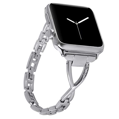Armband Diamant Kompatibel mit Apple Watch 6 44mm Silber, Metall Edelstahl Uhrenarmbänder Bling Edelstahlarmband Ersatz Band Kompatibel mit iWatch Ultra 49mm 45mm 42mm Serie 9 8 7 6 SE 5 4 3 2 1 von MXFDOKD