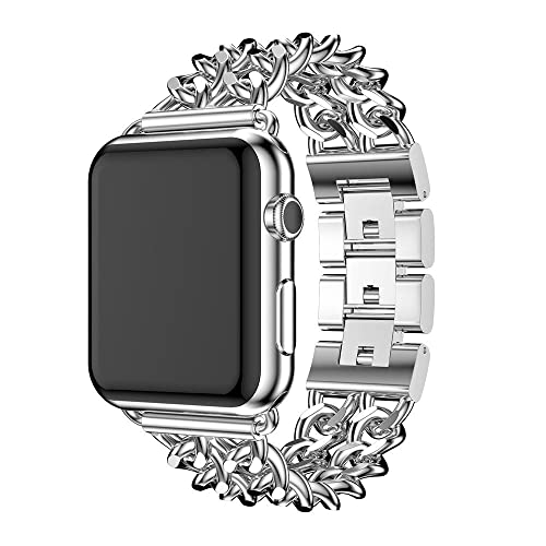 Kompatibel mit Apple Watch SE 44mm Armband Edelstahl Damen, Bling Metall Uhrenarmbänder Einstellbar Metallband Strap mit Metallschließe Kompatibel mit iWatch 49mm 45mm 42mm Serie 9/8/7/6/SE/5/4/3/2/1 von MXFDOKD