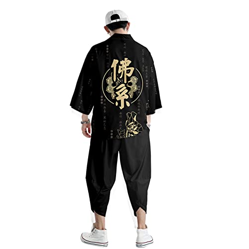 MYENA Traditionelles Kimono-Set, große Größe 4XL-6XL, japanischer Stil Kimono-Männer-Pyjamasanzug, Kleiderhemd Kimono-Strickjacke,Gelb,6XL von MYENA