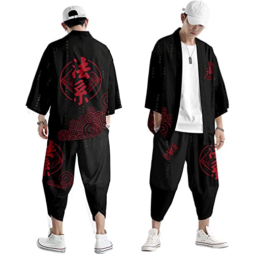 MYENA Traditionelles Kimono-Set, große Größe 4XL-6XL, japanischer Stil Kimono-Männer-Pyjamasanzug, Kleiderhemd Kimono-Strickjacke,Rot,L von MYENA
