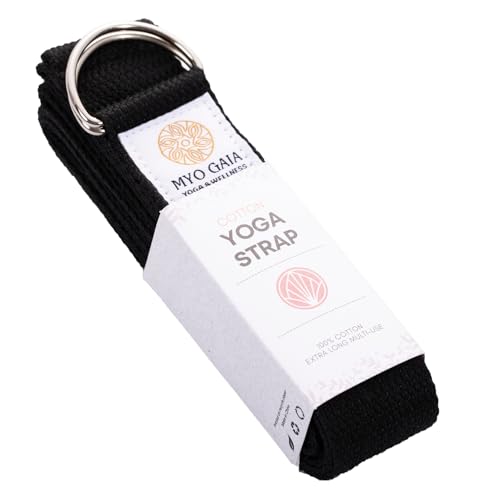 MYO GAIA Langlebiges Baumwoll-Yogaband in der Größe 250x3,8cm, vielseitiges Yoga-Zubehör für Stretching und Fitness, mit einer Metall-Schiebeschnalle. (Schwarz) von MYO GAIA