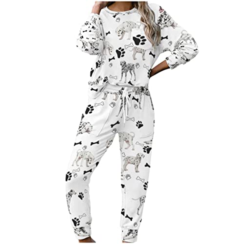 Damen Pyjama Set Trainingsanzug Freizeitanzug Dalmatiner Hunde Frauen Nachtwäsche Schlafanzug Mode 2 Stück Sportanzüge Pullover und Hose Lounge Tragen Anzug White L von MYSLC