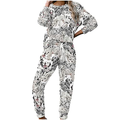 MYSLC Damen Pyjama Set Jogginganzug Freizeitanzug Dalmatiner Hunde Weiß Schwarz Frauen Nachtwäsche Schlafanzug Druck Zweiteilige Sportanzug Sweatshirt and Hose für Sport und Freizeit Multicolor S von MYSLC