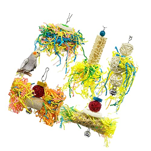 MYSUNBAR Spielzeug Papageien Spielzeug Papagei Sittiche Vogel Kauen Spielzeug Rattan Bälle mit Stroh PapierSchaukel, Hängematte, Kauen aus Naturholz, für Wellensittich Nymphensittich, Sittiche 5PCS von MYSUNBAR