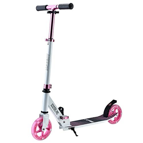 Mach1 Kick Scooter ALU City Roller Tretroller Große 145mm LED Leuchtrollen/Reifen Kinderroller klappbar Kickscooter (L Weiß Pink) von Mach1