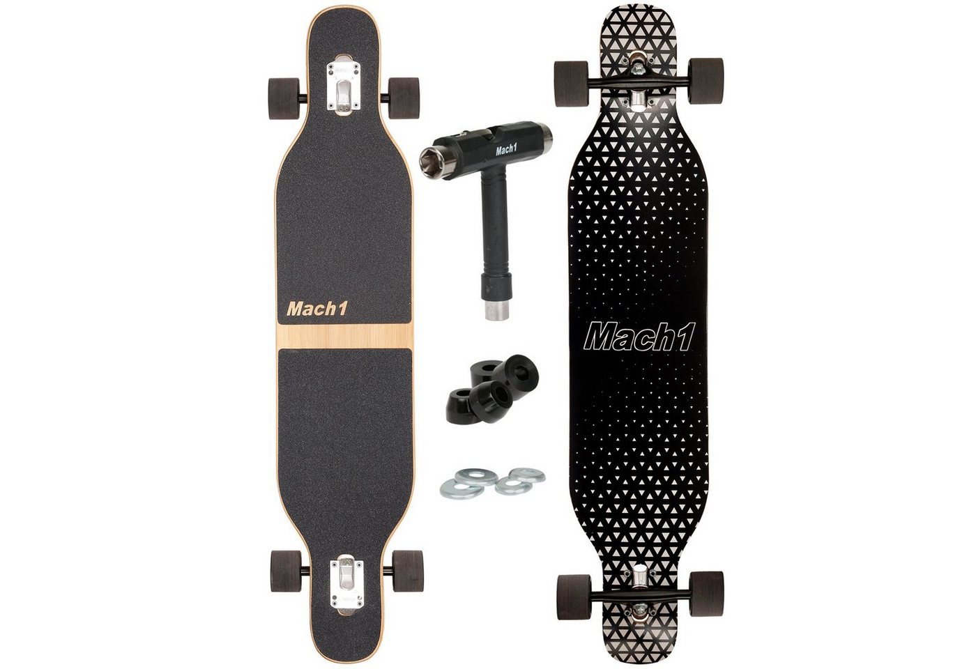 Mach1 Longboard aus Bambus mit Keramik Kugellager - Camber Drop Through Cruiser Board (Spar-Set inkl. T-Tool und extra Bushings, Longboard + T-Tool + 4er Set 85A Bushings), Twin Tip von Mach1